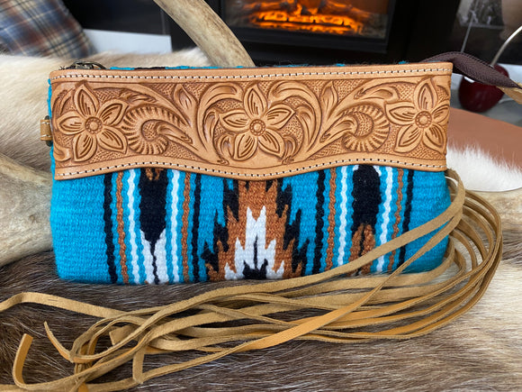 Tooled Leather and Tassel Saddle Blanket Clutch - Turquoise TW007