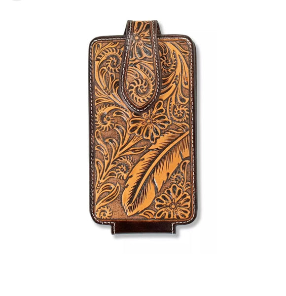Ariat Phone Holder Case Leather Concho Embossed Feather Floral Brown A0603802