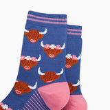 Floral Crown Highland Cow Bamboo Socks in Blue