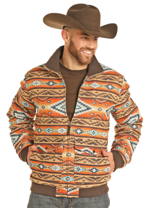 BROWN AZTEC JACQUARD BOMBER JACKET