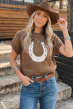 Print Short Sleeve Round Neck Drop Shoulder Knit Top