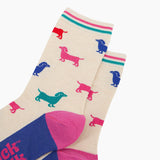 Women's Bamboo Socks - Cream/Multi, Sausage Dog