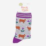 Women's Bamboo Socks - Grey/Purple, Highland Cow Thistles