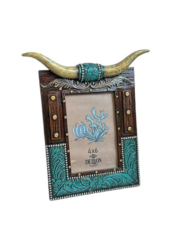 Horn & Turquoise Tooled Leather Floral 6” x 4” Picture Frame