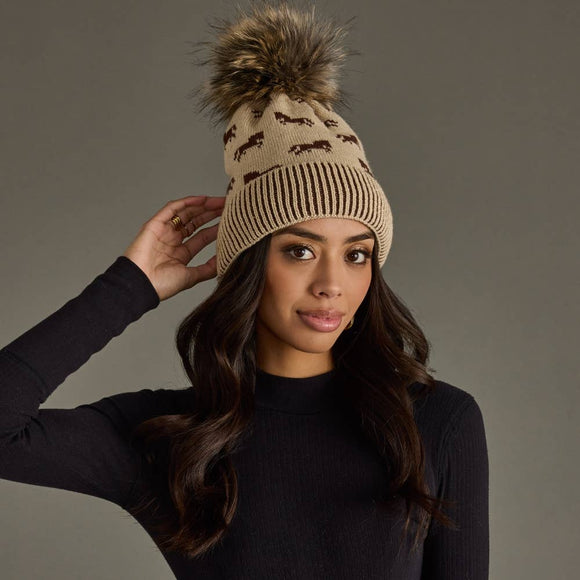 Tan Horse Pattern Pom Hat PA004