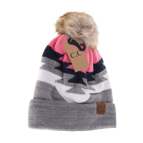 Aztec Natural Faux Fur Pom C.C Beanie YJ1000: Lt. Grey