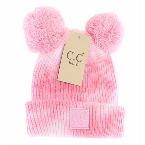 Baby Tie Dye Double Fur Pom Beanie - Newborn/Knit Hat: Baby Pink/White