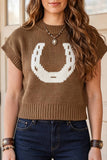 Print Short Sleeve Round Neck Drop Shoulder Knit Top