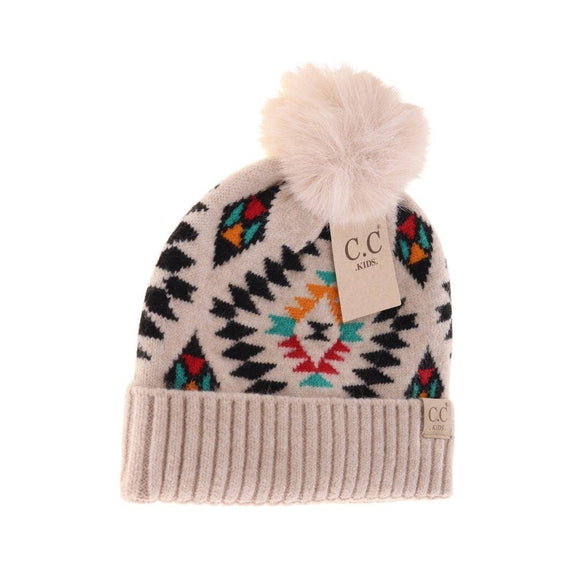 C.C KIDS Aztec Patterned Faux Fur Pom Beanie: Beige