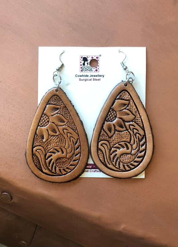 Tooled Pear Drop Leather Earrings -  Brown