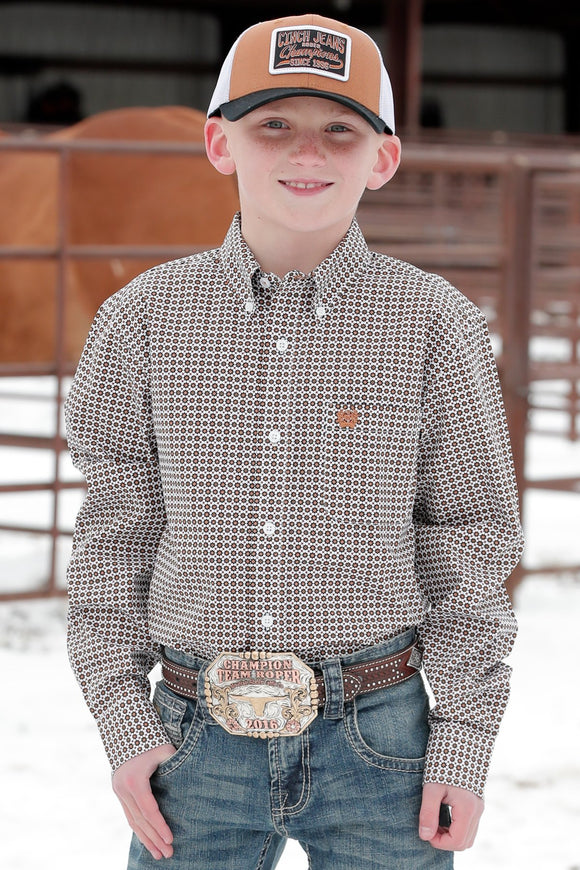 Cinch BOY'S GEOMETRIC PRINT BUTTON-DOWN WESTERN SHIRT - WHITE / GOLD