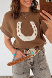 Print Short Sleeve Round Neck Drop Shoulder Knit Top