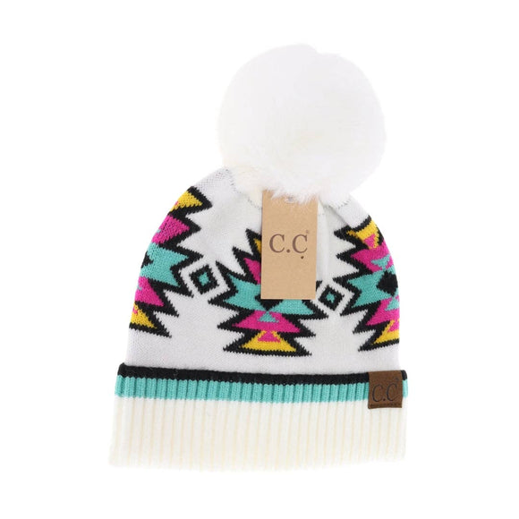 Southwestern Faux Fur Pom C.C Beanie HTE0030: Ivory