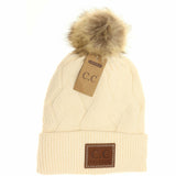 Geometric Knit Faux Fur Pom Beanie HAT2298