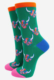 Women's Bamboo Socks - Green/Rainbow, Highland Cow