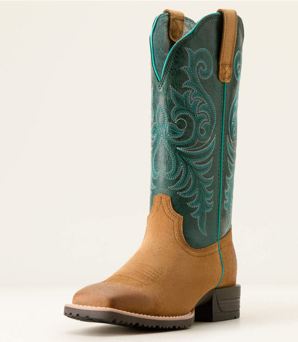 Ariat Ladies Hybrid Ranch Time Western Boot - ACORN ROUGHOUT|DEEP TEAL