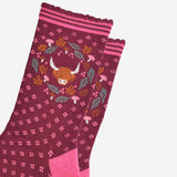 Highland Cow Floral Wreath Bamboo Socks in Burgundy