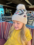 C.C KIDS Aztec Patterned Faux Fur Pom Beanie: Beige