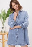 Washed Denim Puff 3/4 SLV Snap Up Shirt Dress: BLACK