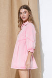 Washed Denim Puff 3/4 SLV Snap Up Shirt Dress: BLACK
