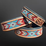 Sedona Tooled Leather Western Dog Collar Turquoise/Brick Red