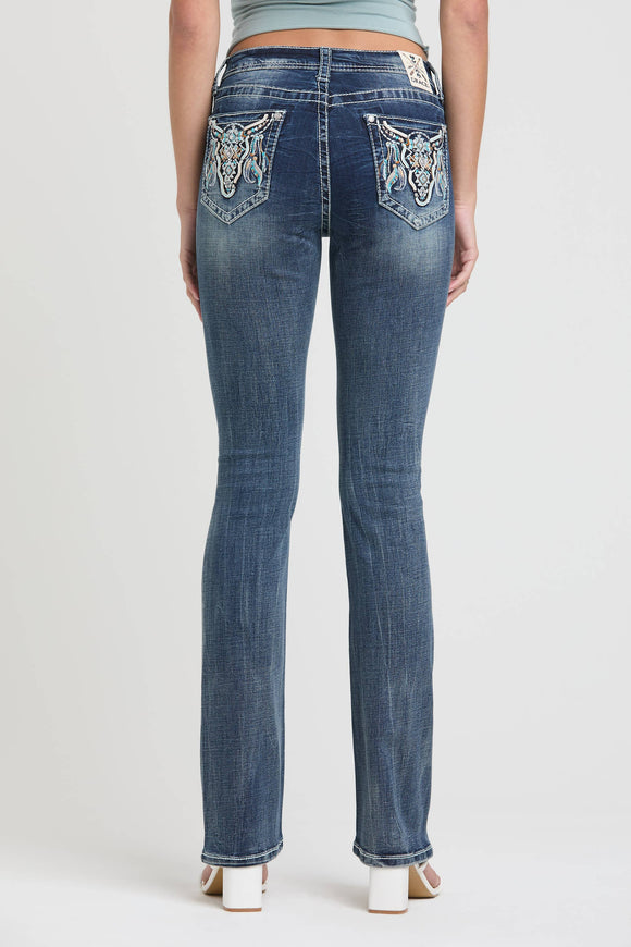 Steer Head Colorful EMB Mid-Rise Boot Cut 34