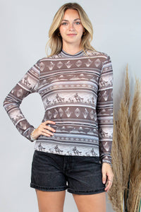 T1502-5711-Dexi Western Cowboy Mesh Print Top