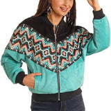 WOMENS ROCK & ROLL TURQUOISE AZTEC BORDER BOMBER JACKET | BW92C05285