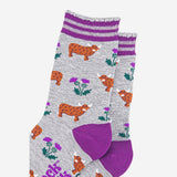 Women's Bamboo Socks - Grey/Purple, Highland Cow Thistles