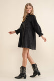 Washed Denim Puff 3/4 SLV Snap Up Shirt Dress: BLACK