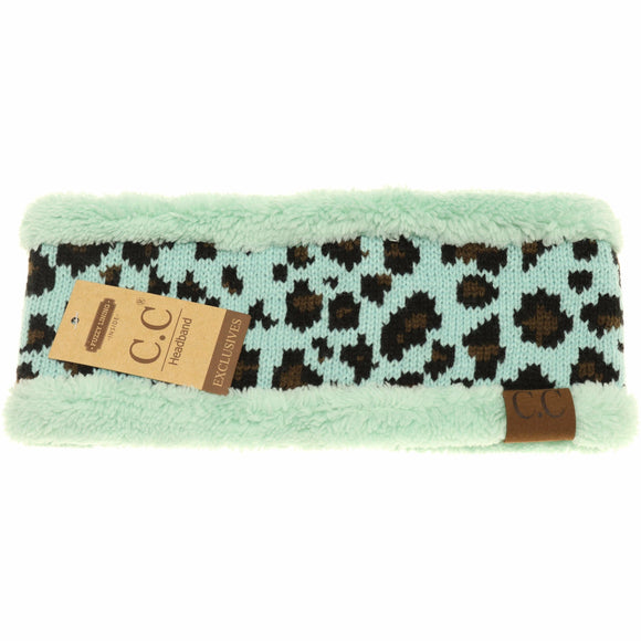 Leopard Print CC Fashion Headband with Fuzzy Lining: Mint