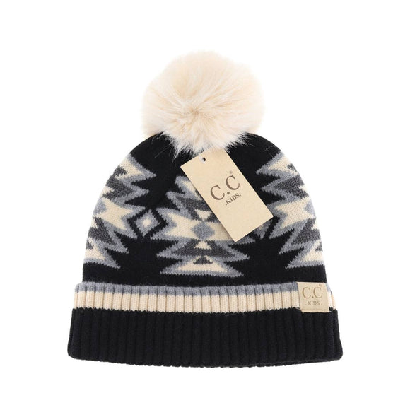 Kids' Southwestern C.C Beanie with Faux Fur Pom: Black