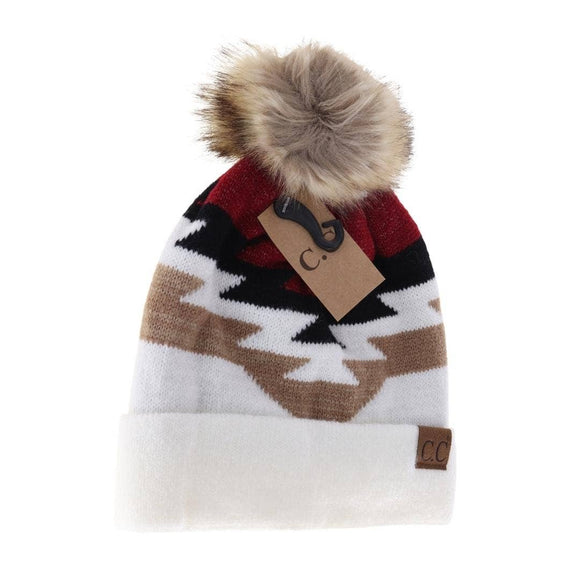 Aztec Natural Faux Fur Pom C.C Beanie YJ1000: Ivory