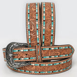 ADBLF210 Tooled Leather Western Belt with Turquoise Mosaic Inlay & Floral Tooling