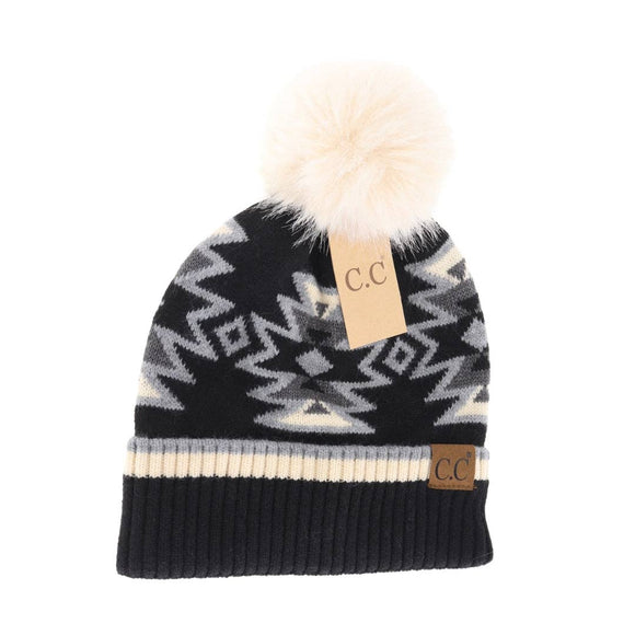 Southwestern Faux Fur Pom C.C Beanie HTE0030: Black
