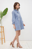 Washed Denim Puff 3/4 SLV Snap Up Shirt Dress: BLACK