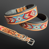 Sedona Tooled Leather Western Dog Collar Turquoise/Brick Red