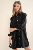 Washed Denim Puff 3/4 SLV Snap Up Shirt Dress: BLACK