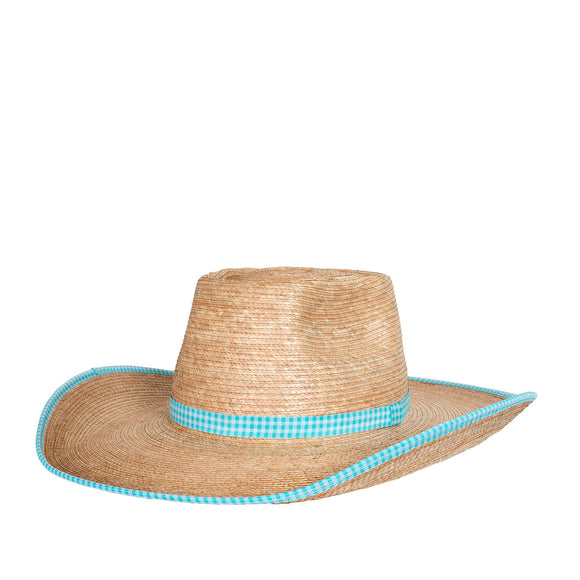 SUNBODY HATS
Ava Palm Leaf Hat - Oak/Turquoise Gingham