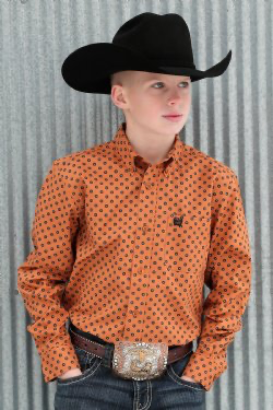 BOY'S GEOMETRIC PRINT BUTTON-DOWN WESTERN SHIRT - GOLD