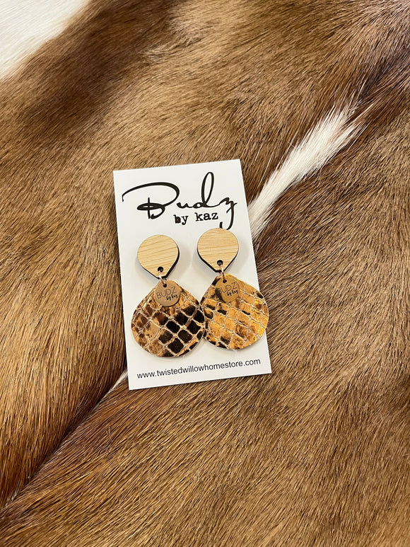 Budz by Kaz - Circle Drop Dangling Earrings Rose Gold Snake Skin Print