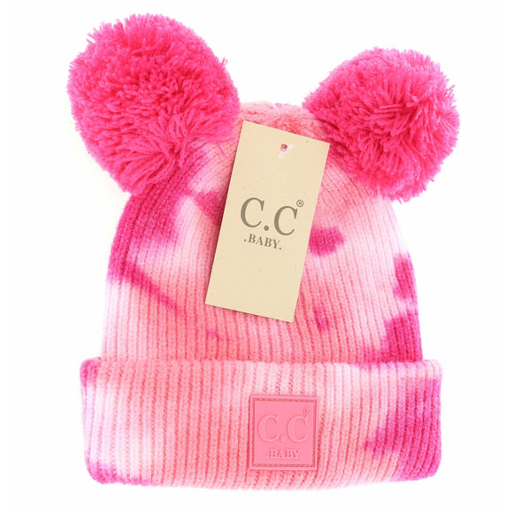 Baby Tie Dye Double Fur Pom Beanie - Newborn/Knit Hat: Fuchsia/Pink