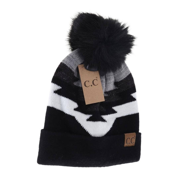Aztec Natural Faux Fur Pom C.C Beanie YJ1000: Black
