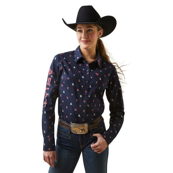 Ariat Ladies Wrinkle Resist Team Kirby Stretch Shirt - Western Love Print