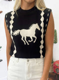 Western Print horse sleeveless knited top