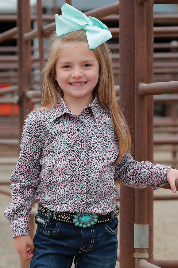 Cruel Denim GIRL'S LEOPARD PRINT WESTERN SHIRT - PINK/TURQUOISE