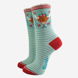 Women's Bamboo Socks - Green/Red, Christmas Highland Cow