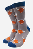 Grey Men's Highland Cow Print Bamboo Socks
