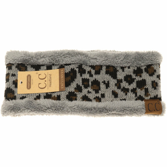 Leopard Print CC Fashion Headband with Fuzzy Lining: Lt. Grey