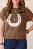 Print Short Sleeve Round Neck Drop Shoulder Knit Top
